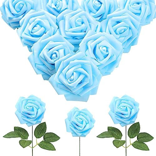 IPOPU 30 Stück Babyblaue Rosen aus Schaumstoff, künstliche Rosen mit Stielen, künstliche Rosen mit künstlichen Blumen für selbstgemachte Hochzeitssträuße, Babyparty, Tafelaufsätze, Blumenparty,