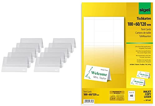 SIGEL TA136 Tischaufsteller Dachform 10er Pack für 10 x 6 cm - weitere Größen & DP047 bedruckbare Tischkarten weiß, 10 x 6 cm (auf A4), 40 Stück - weitere Größen
