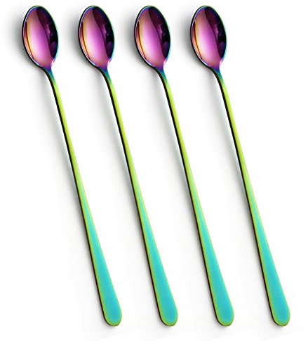 IQCWOOD Rainbow Long Handle Iced Tea Spoons, 9-Inch Ice Cream Coffee Stirring Spoons, Set of 4