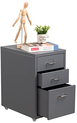 HollyHOME 3-Drawer Mobile File Cabinet, Under Desk Rolling Filing Organizer, Metal Storage Cabinet with Casters for Home and Office, Grey
