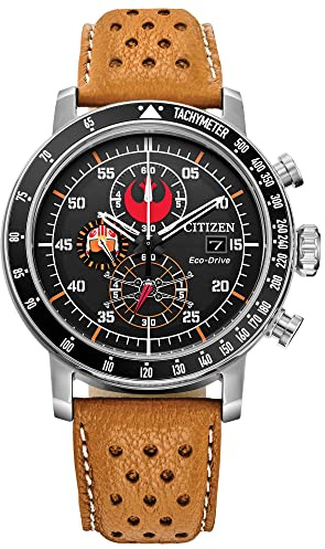 Citizen Eco-Drive Star Wars Men's Watch, Stainless Steel with Orange Leather Strap, Rebel Pilot, Silver-Tone, 44mm (Model: CA4478-56L)