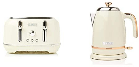 Haden Highclere 4 Slice Toaster with Reheat and Defrost Functions, Cream & Salcombe Cordless Kettle - Electric Kettle, 3000W, 1.7 Litre, Cream & Copper