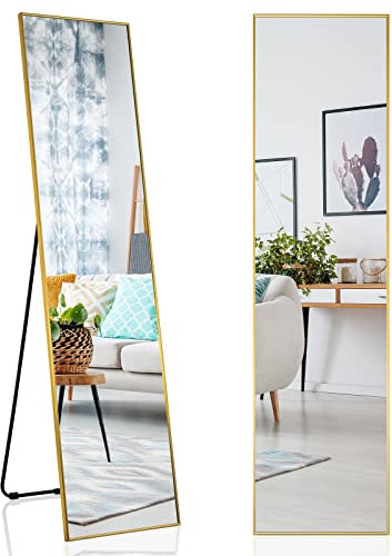 RELAX4LIFE Ganzkörperspiegel 160 x 40 cm, 2 in 1 Standspiegel & Wandspiegel, Garderobenspiegel Verstellbar & Freistehend, Ankleidespiegel für Schlafzimmer Wohnzimmer Umkleideraum (Gold)