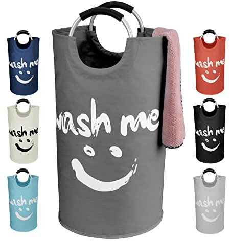 IHOMAGIC 115L Large Laundry Bin, Collapsible Laundry Hamper With Soft Handle, Oxford Fabric Storage Bag, Stand-up Laundry Clothes Basket Organisation with Smiley Pattern Design for Bathroom, Dark Grey