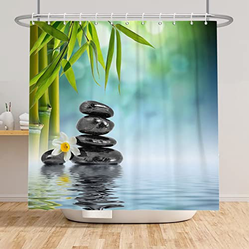 SDOTPMT 120x180cm Stazione termale Giapponese Tema Tenda doccia Verde Bambù Foglie Orchidea Basalto Pietre Tenda da bagno Zen Meditazione Tenda da vasca per Bagno con ganci