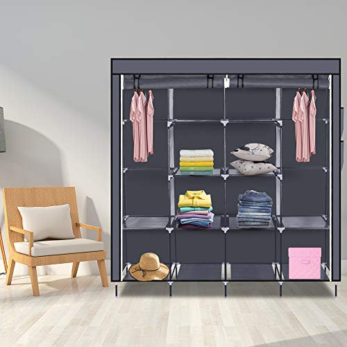 LEADZM Kleiderschrank Faltschrank Stoffschrank Faltbare Garderobe Canvas mit Reißverschluss Stoffschrank Kleiderschrank mit Kleiderstange, Fächern, 169,5 x 44 x 181,5 cm (Grau)