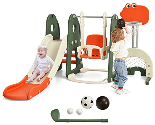 GOPLUS Ensemble Toboggan et Balançoire 6 en 1, avec Panier de Basket Hauteur Réglable&Football&Golf, Motif de Dinosaure,pour 3-8 Ans, Escalade Aire de Jeu Intérieur & Extérieur (Dinosaure Orange)