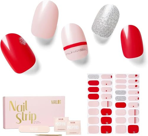 NAILOG Semi Cured Gel Strips, 34 pcs Salon-Quality Stickers, Long Lasting Wraps for Women With Soft Gel Finish, Baby Pink & Red, Heart Print, Love Note