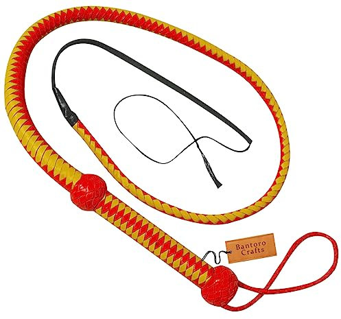 Bantoro Crafts Frusta in vera pelle, 12 trecce, lunghezza 1,2 m, colore giallo e rosso, per equitazione
