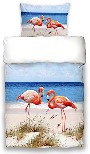 ESPiCO Schwanberg Bettwäsche Seascape Flamingo Vögel Sand Düne Strand Beach Tier Bunt Meer Natur Renforcé, Größe:135 cm x 200 cm