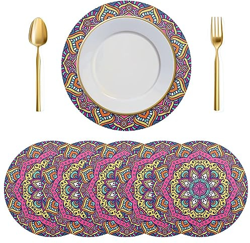 Runde Platzdeckchen, 4er-Set, Mandala, Islam, indische Motive, Esstisch, Platzsets, Küche, Tischsets, hitzebeständig, Tischmatten für Zuhause, Urlaub, Party, Dekoration, Weihnachtsdekoration,