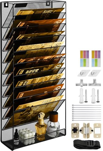 PLSOPPKG Hängeorganizer Wandablagefächer 11 Stöckiger Wandmontage Schreibtisch Organizer, A4 Zeitschriftenhalter Wand, Hängende Wandordner Dokumente Metall Büro Dokument Organizer für Zuhause