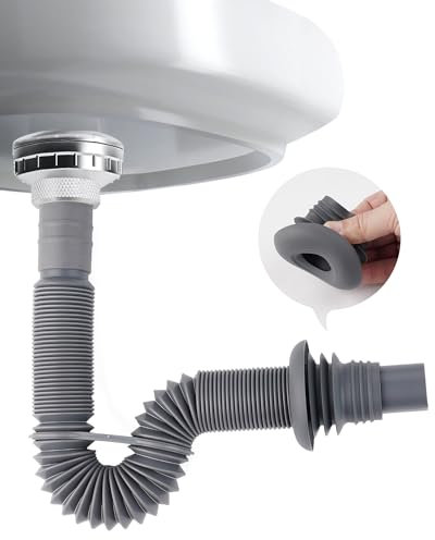 Hibbent siphon gain de place, Siphon lavabo flexible, evacuation evier 1 1/4 en à l'épreuve des odeurs, tuyau de vidange remplaçable,Extensible 320-780 mm (gris)