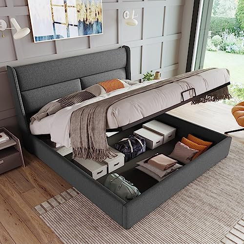 Kehun Polsterbett Doppelbett 140x200cm, Hydraulisch Bett mit Lattenrost aus Metallrahmen, Stauraumbetten Bettgestell mit Verstellbare Kopfstützen, Jugendbett mit Stauraum, Leinen, Grau, Ohne Matratze