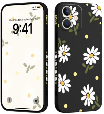 LEECG für iPhone 12 Mini Hülle Blumenmuster Design Anti Kratzer Weiches Silikon Handyhülle iPhone 12 Mini 5,4 Zoll-Gänseblümchen Schwarz