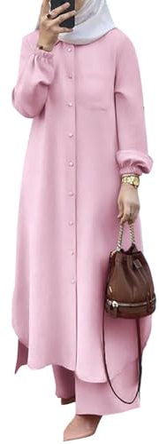 OBEEII Muslimische Kleider für Damen 2 Teiler Corban Ramadan Outfit Langarm Oberteile Robe Und Hosen Dubai Türkisches Naher Osten Arabisch Islamische Kleidung Rosa02 3XL