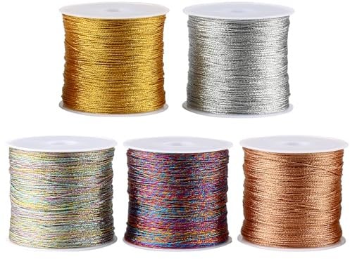 GUOYIHUA 5 Rotoli di 250 m di Filo di Seta Dorato e Argentato per La Creazione di Gioielli Artigianali Fai da Te, 0,4 mm*50 m/Rotolo Filato Gioiello per Bigiotteria Uncinetto(5 colori)