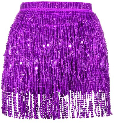 Soudittur Quasten Paillettenrock Damen Glitzer Rock Damen Steampunk Quastenrock Bauchtanz Hüftschal Karneval Fransen Rave Outfit Kostüm Lila