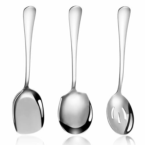 Juego de 3 cucharas de servir grandes, de metal y acero inoxidable, mango largo, cubiertos para servir buffet con pala, forma redonda, espejo pulido para banquetes, 22 cm