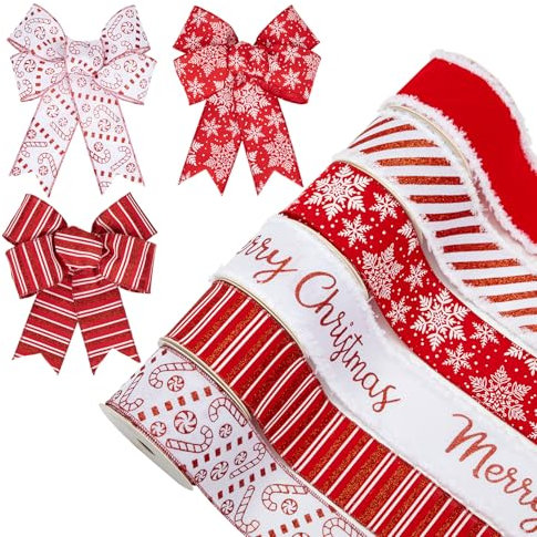 6 Rollen 30 Yard Weihnachten Band Dekorationen Weihnachtsbaumband Geschenkbox Verpackungsband Glitzer Weihnachtsbänder Schleifenband für Geschenk Weihnachtsbaum Dekoration, Weihnachtsrot