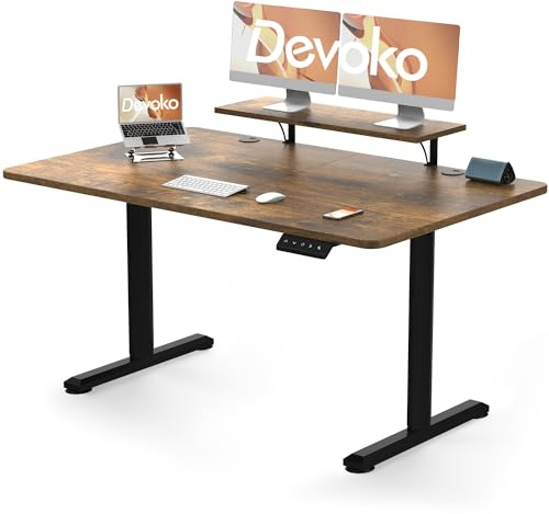 Devoko Bureau Assis Debout 140x60cm, Support Écran & 2 Mémoires, Marron | Support Moniteur Intégré pour Ergonomie, Moteur Silencieux avec 2 Mémoires Hauteur, Charge Max 70kg, Télétravail & Gaming