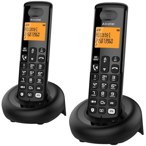ALCATEL E260 S. Voice Duo - Téléphone Fixe sans Fil DECT avec Répondeur - Design Compact - Grand Écran Rétroéclairé - Mains Libres - Fonction Blocage des Appels Indésirables - 2 Combinés - Noir