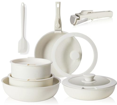 Sweetcrispy Set di pentole e padelle antiaderenti da 12 pezzi, con manico staccabile, pentole a induzione, lavabili in lavastoviglie, colore beige