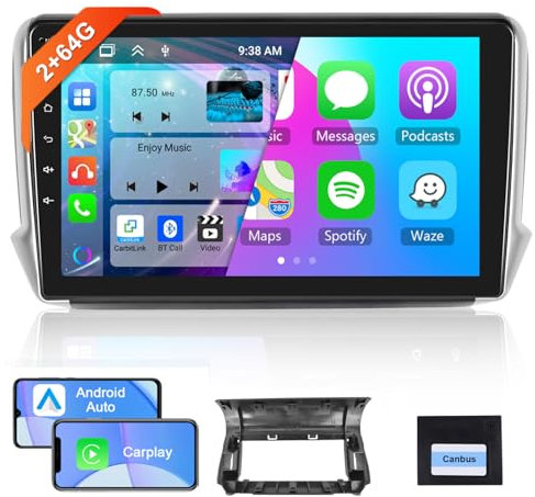 【8 Kern 2+64G】 Hodozzy Carplay Android Auto Autoradio für Peugeot 208/2008 2012-2018, Android Autoradio mit Navi,10 Zoll Touchscreen mit/WiFi/GPS/RDS/FM/Bluetooth/USB/DSP