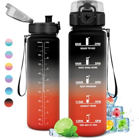 Trinkflasche 1L, Trinkflasche mit Zeitmarkierung und Filter, Auslaufsicher Wasserflasche Kohlensäure Geeignet für Fahrrad, Schule, Maedchen, Sport
