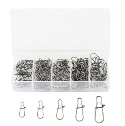 Dokeno Agrafhe Duo-Lock de Pêche, 100 Pièces Argent Emerillon Peche Connecteurs de Pêche Snaps Pêche avec Boîte pour Accessoires de Pêche (5 Tailles)