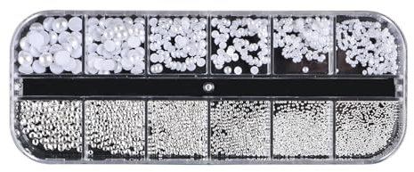 Nail Art Strasssteine 12 Raster, Nail Art Strasssteine,WeißE Perlen FüR NäGel Halbrunde Perlenkugeln Nail Charms Klein Edelstahl-Perlen Caviar Beads WeißE Flatback-Perlen