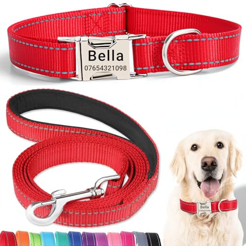 SEOUGEE Personalised Dog Collar and Lead Set with Engraved Metal Buckle, Reflective Nylon Dog Collars and Leash for Large Dogs with Custom Name Plate Phone Number (Red Set, L:Neck 40-60cm)