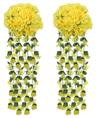 Zythrem 2 Stück Kunstpflanze Hängend Gelb Veilchen Efeu Künstlich Künstliche Hängebepflanzen Kunstblumen Hängende Blumen für Büro Party Hochzeit Zuhause Dekoration