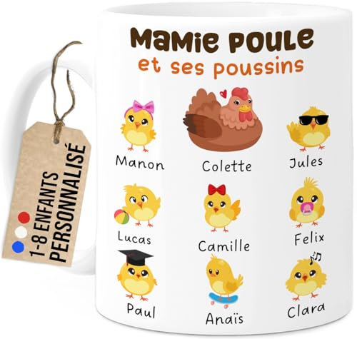 Cupdarling® Mug Mamie avec 1-8 Petits-Enfants Personnalisé - Mamie Poule - Tasse Cadeau Grand-Mère - Cadeau Fête Des Grand-Mères - Anniversaire Mamie - 330 mL Céramique - 8 Poussins