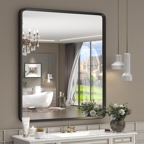 GOLOMO Spiegel für Badezimmer, abgerundeter rechteckiger Spiegel, Badezimmer-Schminkspiegel für Wand, rostfrei, bruchsicher, 71,1 x 81,3 cm, Schwarz