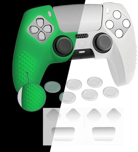 PlayVital Protection pour ps5 Manette Coque,Housse Silicone Cover Skin pour ps5 Controller avec 6 Capuchon Joystick & 2 Autocollant,Compatible avec Station Chargeur-Vert Phosphorescent