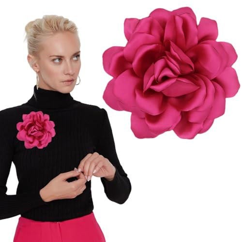 EORPAVU Broches et pin's fantaisie prix mini, Grande broche à fleurs en mousseline 1 pièce pince à cheveux classique élégante faite à la main adaptée à la danse de fête de mariage (Rose rouge)