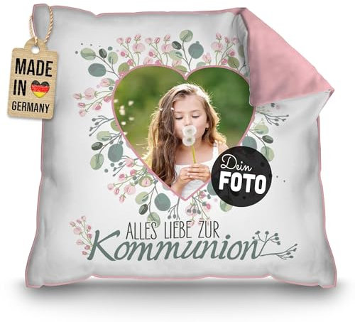 PR Print Royal Kissen mit Foto selbst gestalten - Alles Liebe zur Kommunion - Herz - Personalisierte Kommunionsgeschenke, inkl. Füllung, 40 x 40 cm, Rückseite Rosa