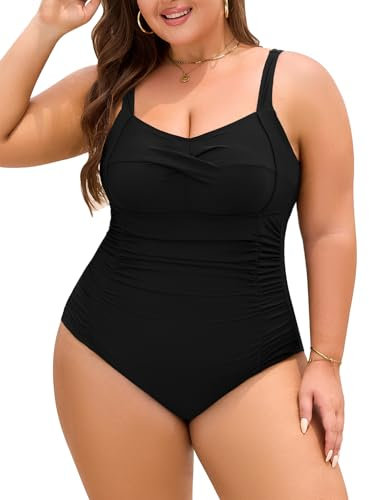 Nadeer Maillot de Bain Femme 1 Pieces Grande Taille Maillots Une Pièce Gainant Ventre Plat Col en V Sexy Push Up Swimsuit Swimwear Monokini L-4XL(Noir,XXL)