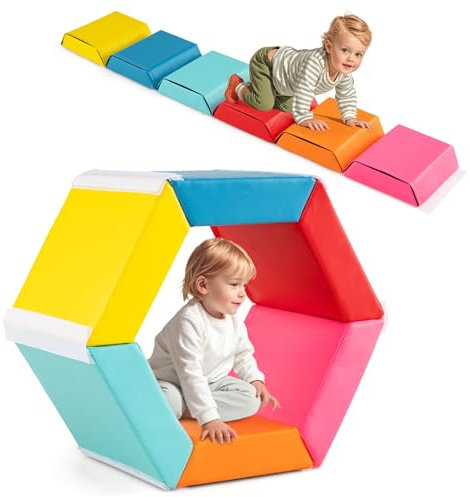 COSTWAY 3 en 1 Module Motricité Bébé en Mousse avec Housse en PU, Parcours Motricité Bébé 6 Pièces avec Attaches Auto-Agrippantes, Fosse à Balles Hexagonale pour Ramper Grimper, 12 Mois+