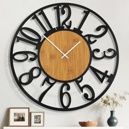 Mee 2ou 100cm Wanduhr, Leise Vintage Metall Uhr mit Holz-Zifferblatt, Batterie XXL Wanduhr im Landhausstil für Wohnzimmer, Schlafzimmer, Küche, Büro, Wanddeko