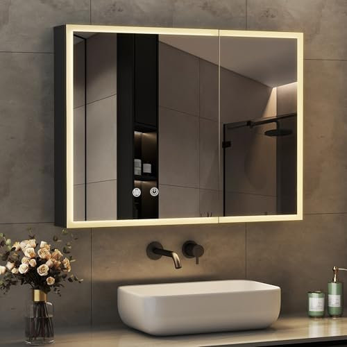 Boromal LED Spiegelschrank Bad mit Beleuchtung Schwarz Badezimmer Spiegelschrank mit Beleuchtung Metall Badezimmerschrank mit Dimmbar, Beschlagfrei, Stecker und Glasablage (80x60x13cm)