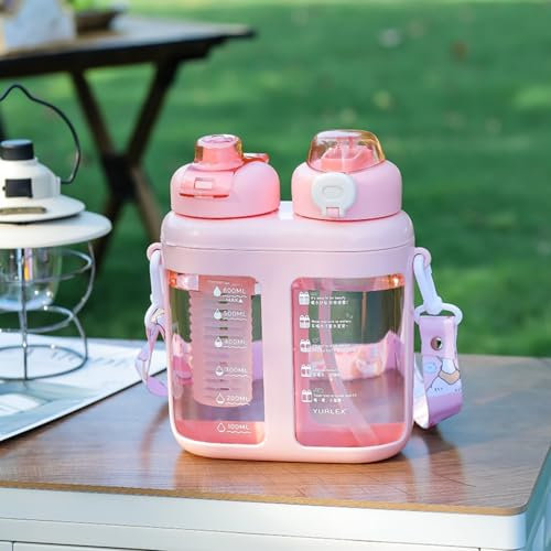 1.6L Dual Compartment Water Bottle with Tea Infuser - Leakproof Insulated Flask, BPA Free Vacuum Thermos with Lockable Lid & 2 Lids (Straw/Spout), Portable for Gym, Office, Hiking (Pink)