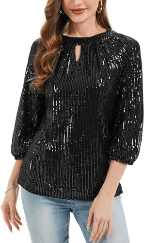 Kyzoeyou Damen Pailletten Oberteil Glitzer Tops 3/4 Ärmel Rundhals T-Shirt Bluse Freizeit Tunika Party Festival Keyhole