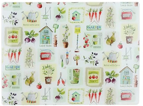 Creative Tops Herb Garden Protector de superficie de trabajo de cristal, tabla de cortar multifuncional de cristal templado, tabla para servir con diseño de hierbas, 40 x 30 cm