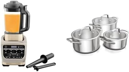 Ninja Foodi Mixeur & Soupe, 10 Programmes Auto-iQ, Verre 1.7L, Mixeur Chaud et Froid, HB150EUSTGD + Ninja EverClad Batterie de 3 marmites en acier inoxydable, C93003EUI