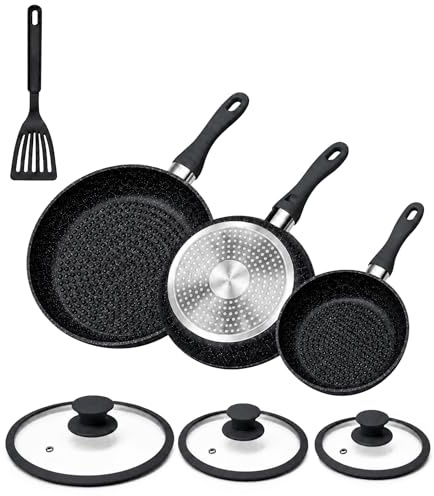 VKZ Set Pentole e Padelle 3 Pezzi, 3 Padelle Antiaderenti con 3 Coperchi in Vetro + 1 Utensili da Cucina, Rivestimento Antiaderente, Manici Ergonomici, Adatte a Gas e Induzione(Nero)