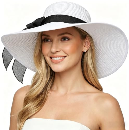 DRESHOW Damen Breit Krempe Strohhut Faltbar Schutz Strandhut Elegant Sommer Hut Sonnenhüte UPF 50+