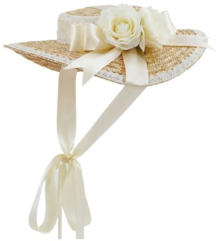 HiyyFloy Sombrero De Victoriano para Mujer, Estilo Fiesta del Té, con Lazos De Flores, Estilo Lolita, Sombrero De Paja Plano, Gorro De Playa De Verano para Viajes.