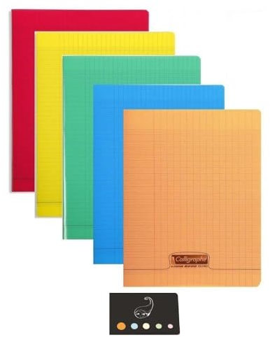 Lot De 5 Cahiers Seyès 24 x 32 Cm - 96 Pages - Couverture Polypro - Grands Carreaux Avec 1 Index Adhésif Blumie